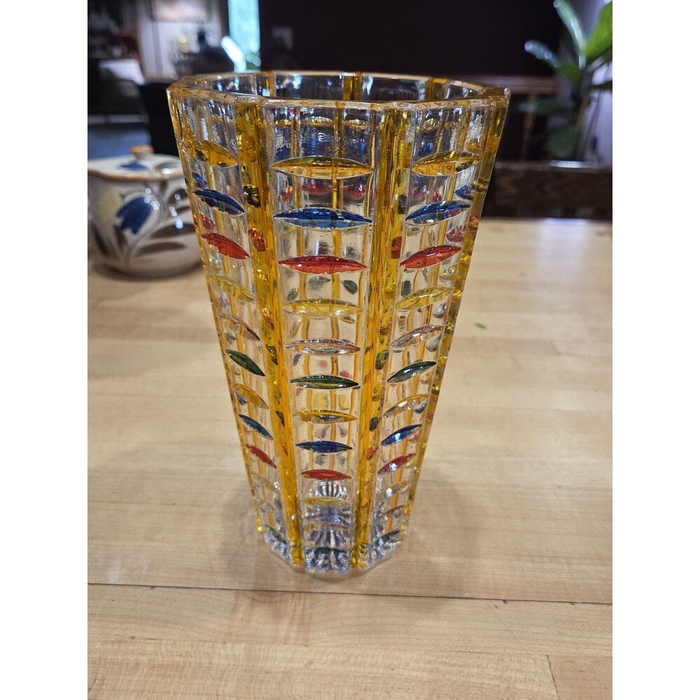Vintage Egermann Bohemian Multicolor Flashed Cut Crystal Vase